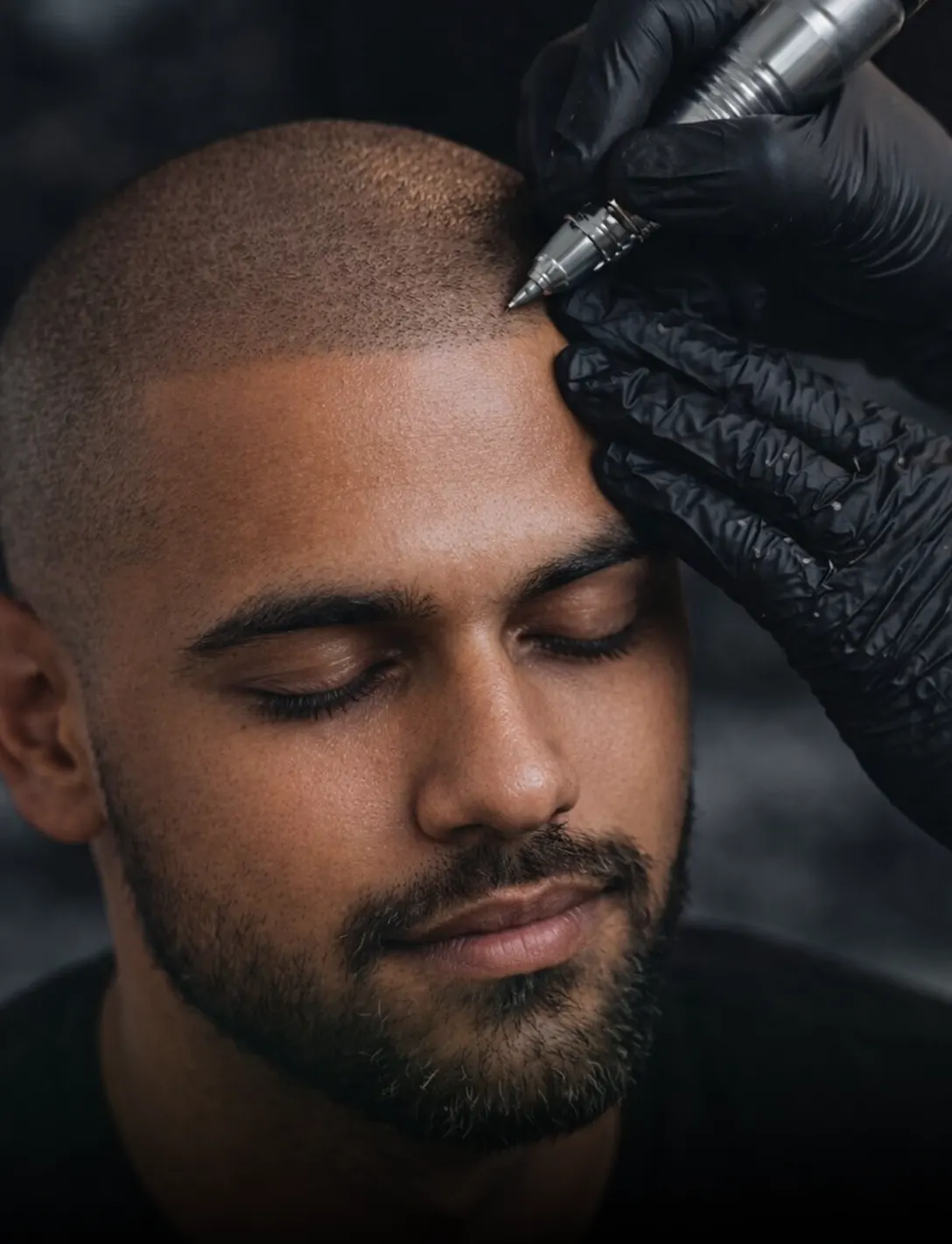 Scalp micro pigmentation being applied along a hairline.